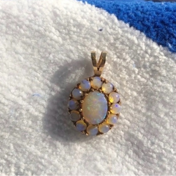 Antique fire opal earrings and pendant with chain 24 kt gold - Picture 6 of 7